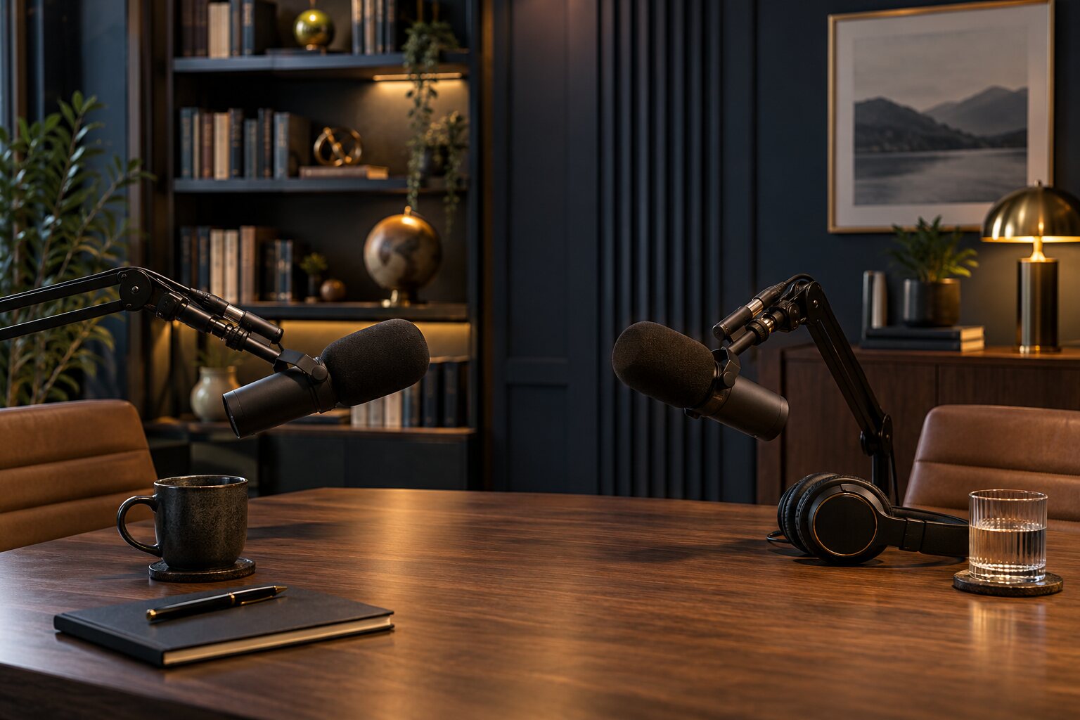 A professional podcast studio prepared for a thoughtful interview